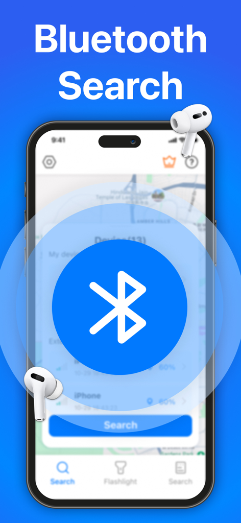 Find Air：My Device Tracker Pro - Find Air app interface showing a Bluetooth search feature to locate lost devices like AirPods