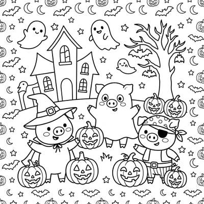 Dive into a charming Halloween scene with three adorable pigs ready for trick-or-treating! This delightful coloring page is packed with friendly ghosts, smiling pumpkins, and a touch of spooky fun, perfect for young artists.