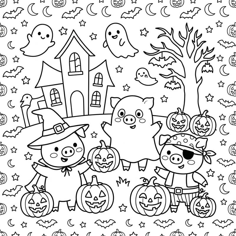 Dive into a charming Halloween scene with three adorable pigs ready for trick-or-treating! This delightful coloring page is packed with friendly ghosts, smiling pumpkins, and a touch of spooky fun, perfect for young artists.