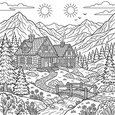 Escape to a peaceful mountain retreat with this charming coloring page, specially designed for seniors. Featuring cozy cottages amidst scenic nature, its large, clear outlines offer an enjoyable and relaxing creative experience.