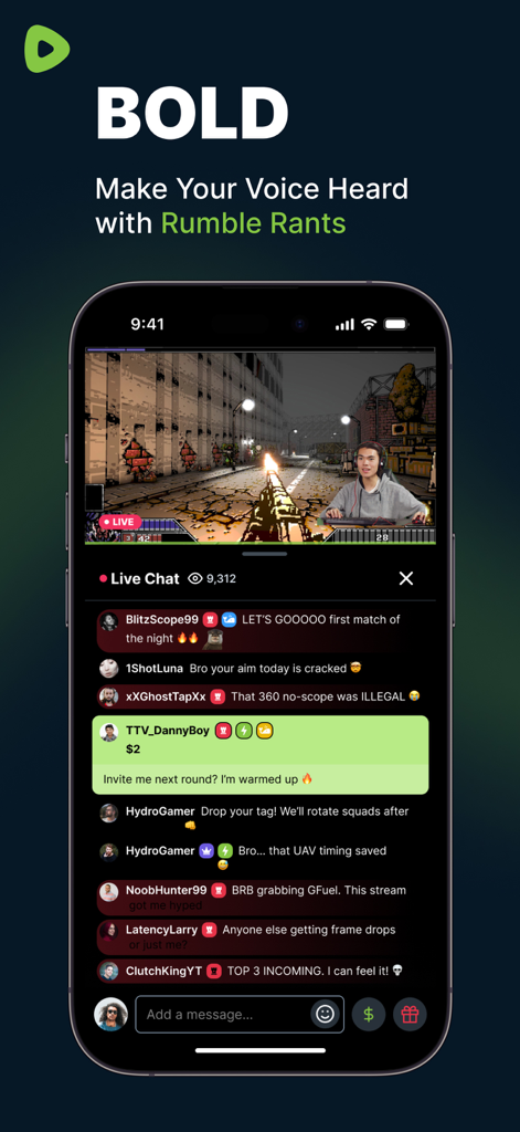 Interface do aplicativo Rumble mostrando uma transmissão ao vivo de jogos com um chat em tempo real e o recurso Rumble Rants em destaque.