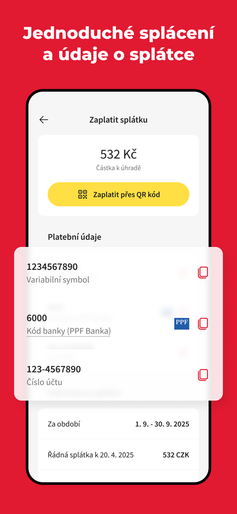 Home Credit CZ app interface for making a loan repayment showing payment details and QR code payment button.
