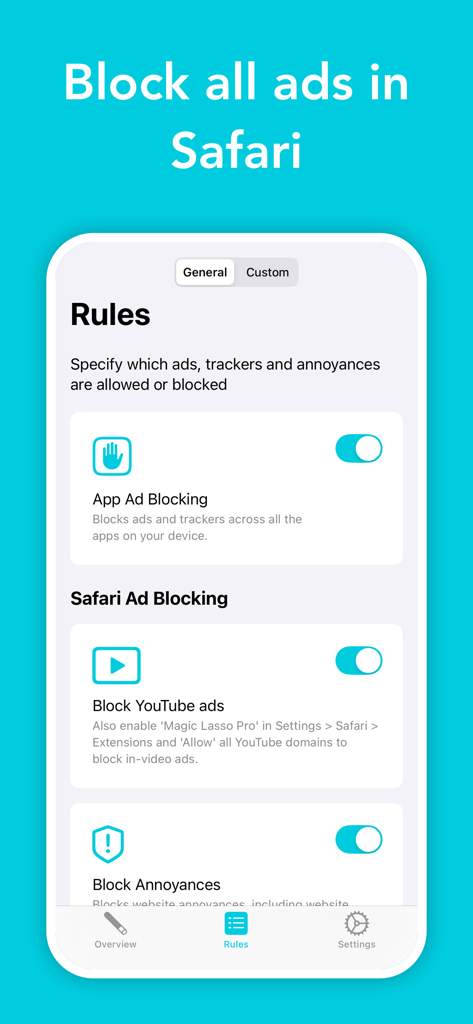 Ad blocker by Magic Lasso - Interface do Magic Lasso Adblock mostrando regras para bloquear anúncios do YouTube e rastreadores de aplicativos.