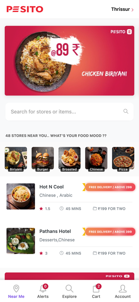 PESITO app interface showing local food delivery options and restaurant listings