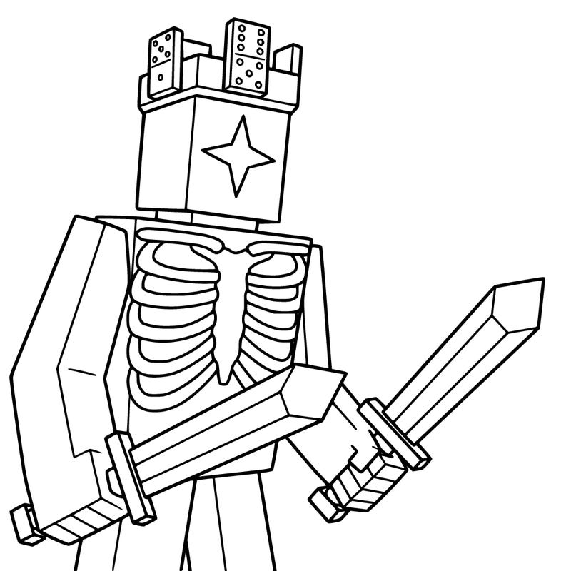 a blocky guy with the body having a rib cage and on the head a crown made of 3 domino’s and a eye that is made with a star with 4 points and swords no skeleton arms and do a 4 point star eye