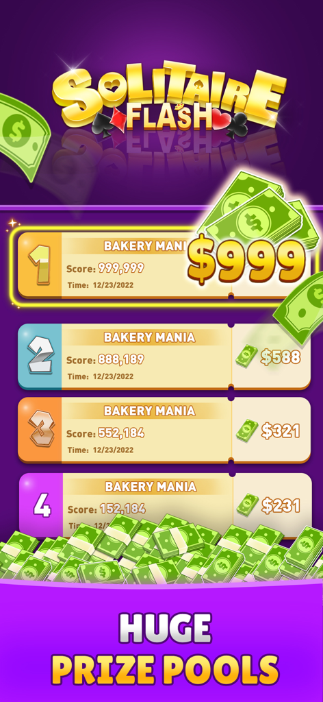Solitaire Flash: Win Real Cash - Solitaire Flash game leaderboard displaying top players and cash prizes