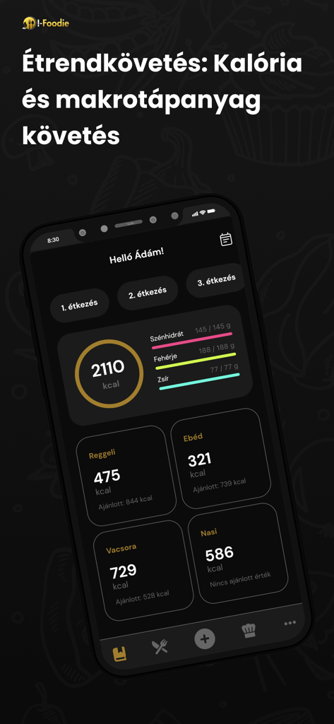 I-Foodie: Étrendtervező App - Ein Handybildschirm, der das Kalorien- und Makronährstoff-Tracking-Dashboard der I-Foodie-App für tägliche Mahlzeiten anzeigt.