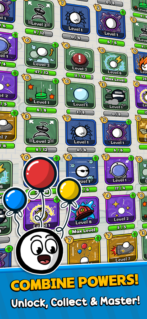 Ball Guys : Stumble & Fall - Une grille de cartes de pouvoirs déblocables dans Ball Guys, y compris des ballons d'hélium et des pouvoirs de fusée.