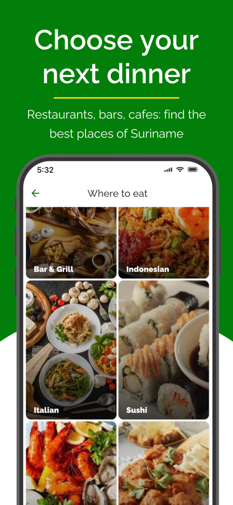 수리남 여행 앱 인터페이스에 인도네시아 및 이탈리아 요리를 포함한 엄선된 레스토랑 카테고리가 표시됩니다.