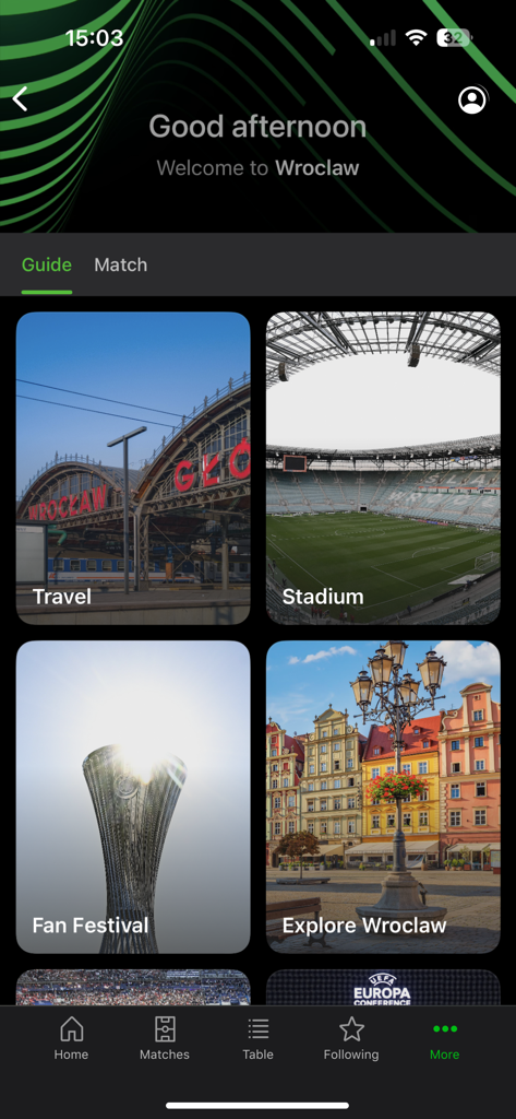 UEFA Conference League - A travel guide section in the UEFA Conference League app for Wroclaw featuring links to travel stadium and fan festival information