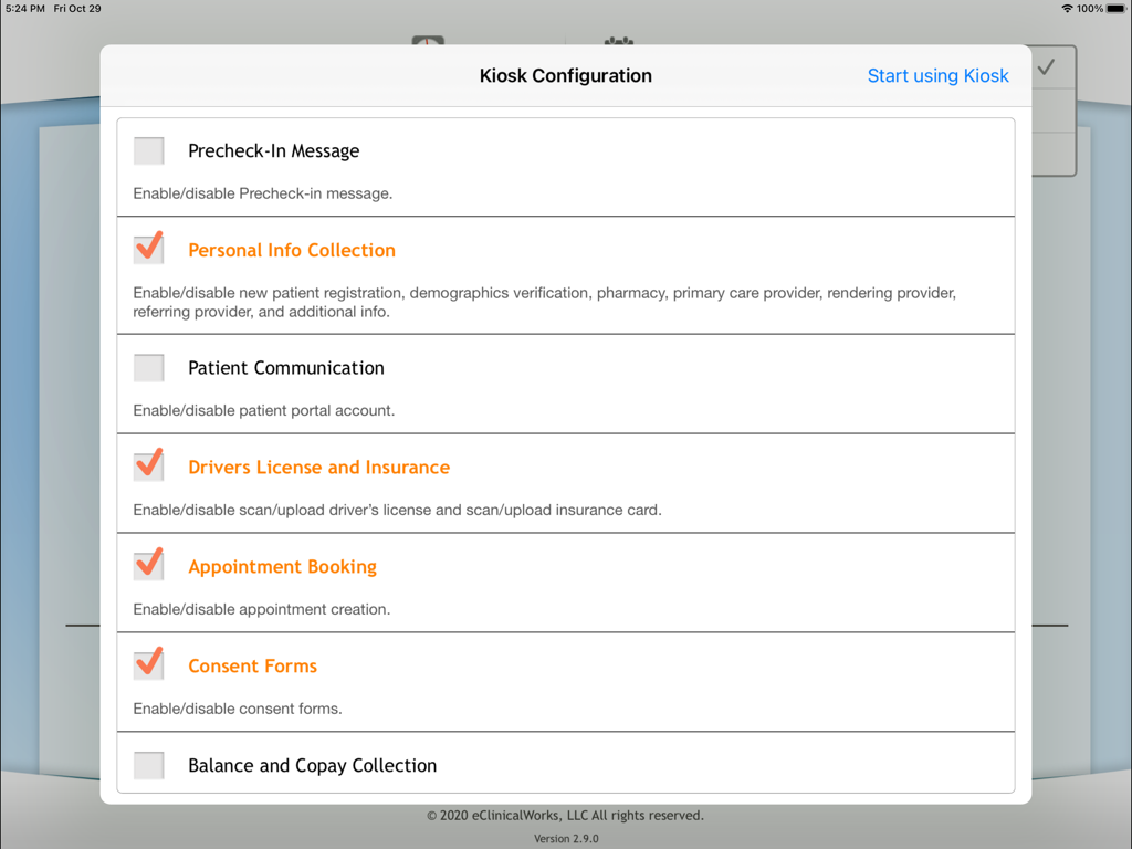 eClinicalWorks Kiosk - iPad screen showing the kiosk configuration menu for eClinicalWorks with options to enable personal info collection and appointment booking