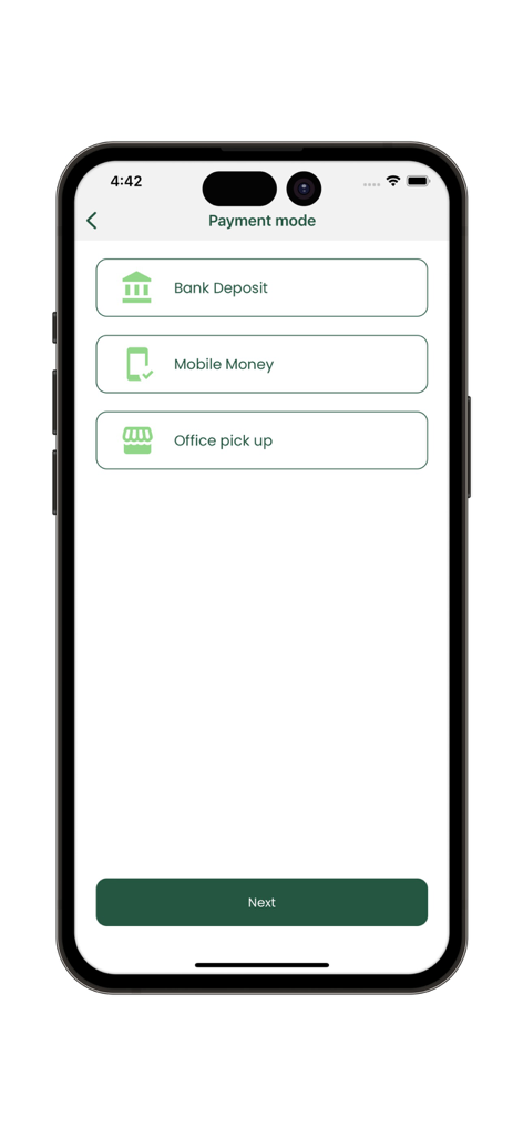 SIKACASH+ - SIKACASH app screen showing payment options for bank deposit mobile money and office pick up