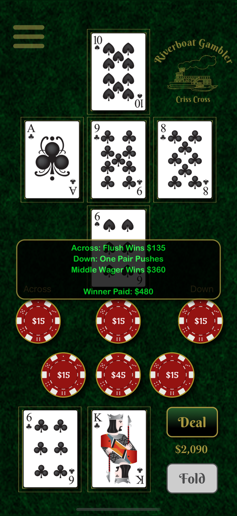 Riverboat Gambler - Criss Cross Poker game interface in the Riverboat Gambler app showing cards and wagering chips on a green felt table