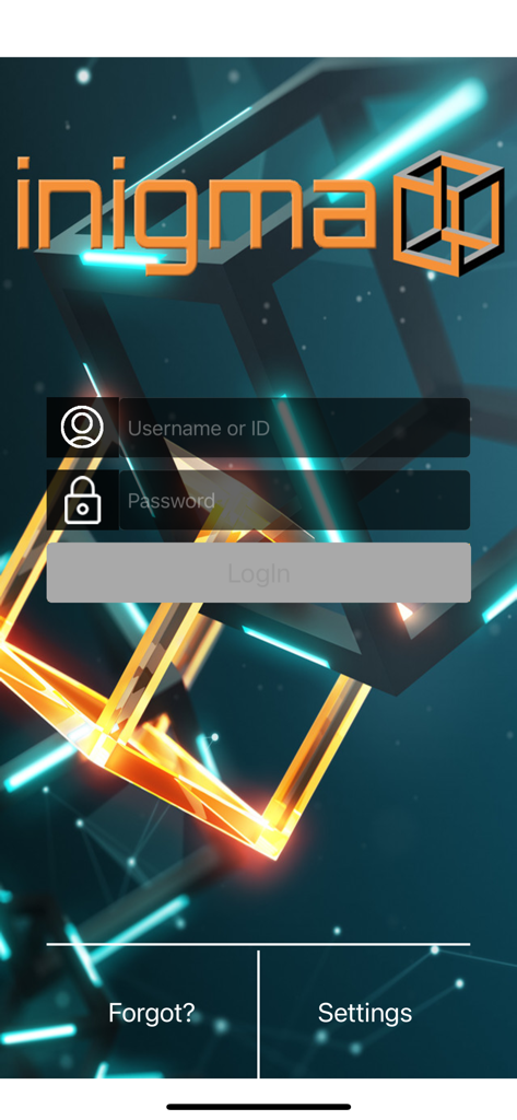 Inigma - Login screen for the Inigma enterprise mobile app showing username and password input fields
