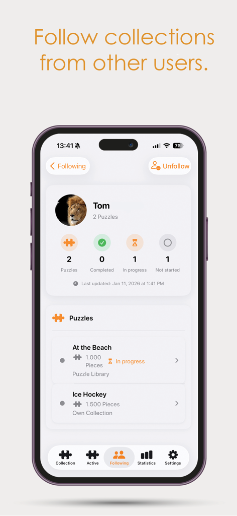 Jvh Puzzle - パズル統計と進行中の現在のコレクションを表示するユーザープロファイルを示すモバイルアプリ画面。
