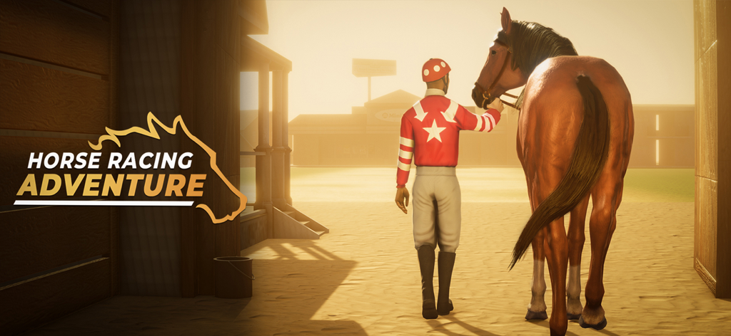 My Stable Horse Racing Games - Un jockey marchant à côté d'un cheval marron au coucher du soleil dans la cour d'une écurie
