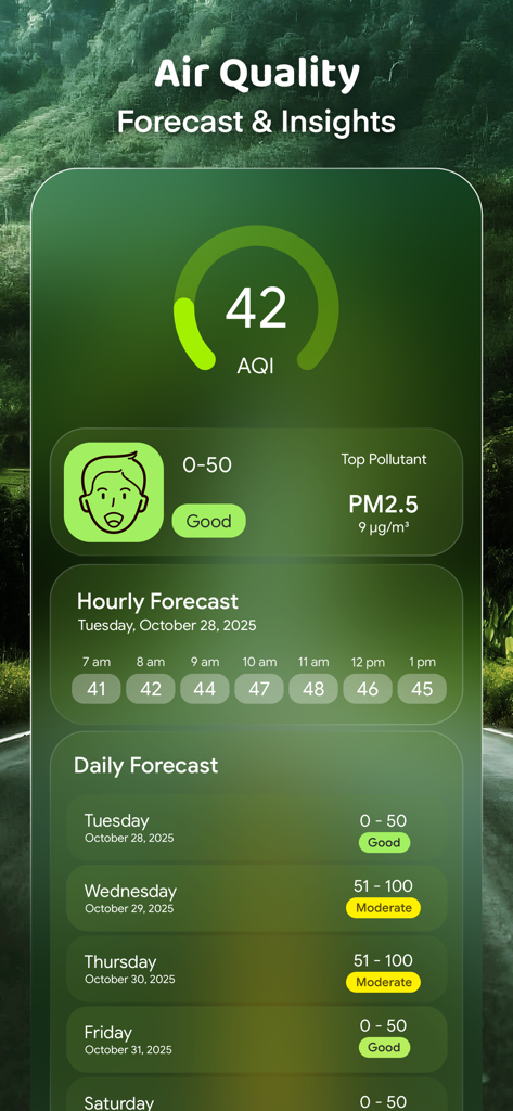 Weather Mate - NOAA Radar Maps - Air quality forecast and insights dashboard showing AQI levels and pollutant data