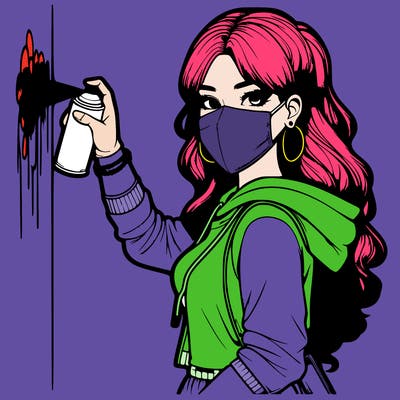 realistic girl with mask spray painting a wall