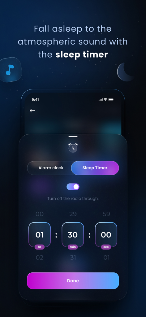 Luna Deep - Prime music wave - Interfaccia dell'app Luna Deep che mostra le impostazioni del timer di spegnimento con un'estetica scura e accenti viola.