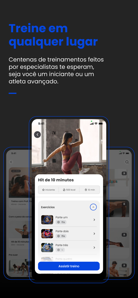 Treino - Interface de l'application Treino affichant un entraînement HIIT de 10 minutes pour débutants avec des exercices spécifiques et un suivi des calories.