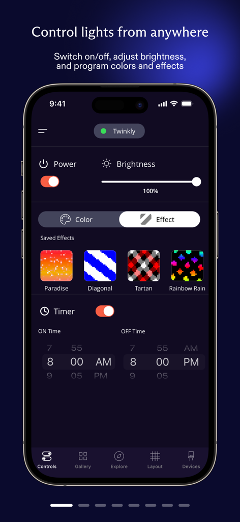 Twinkly - Interfaz de la aplicación Twinkly que muestra controles remotos para encendido de luces, control deslizante de brillo, galería de efectos y temporizadores programados.