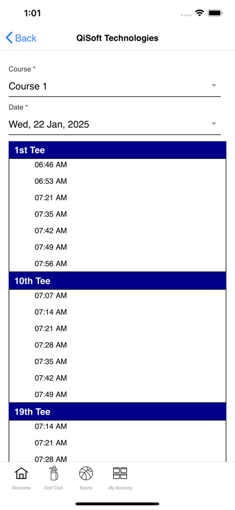 QiSoft Golf app screen showing available tee times for the 1st, 10th and 19th tees on a selected date.