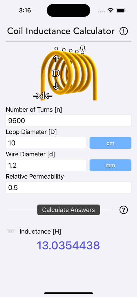 Capture d'écran de l'interface de l'application Calculateur d'Inductance de Bobine montrant les champs de saisie et un résultat calculé.