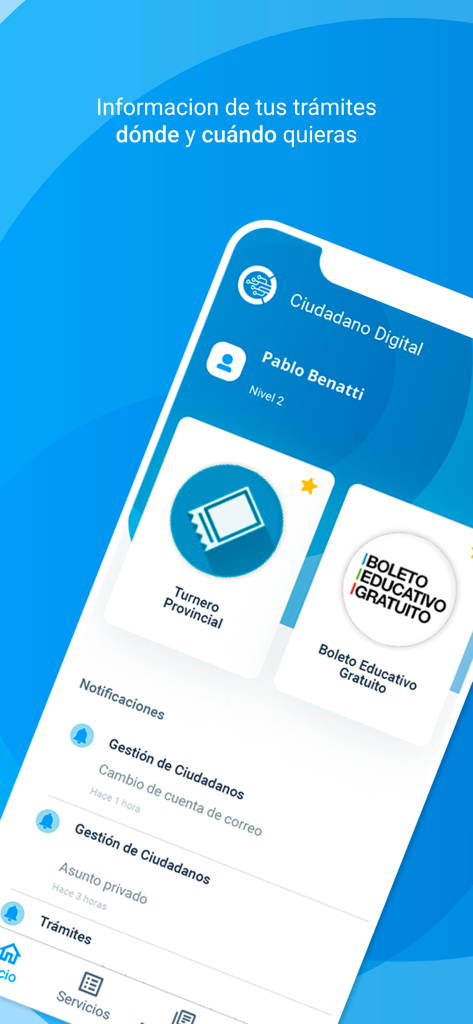 Ciudadano Digital Cordoba - La pantalla de inicio de la aplicación móvil Ciudadano Digital Cordoba que muestra el perfil del usuario y accesos directos a servicios gubernamentales