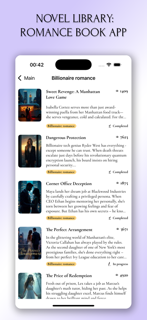 Interface of the Novel Library app displaying a list of billionaire romance book titles and covers