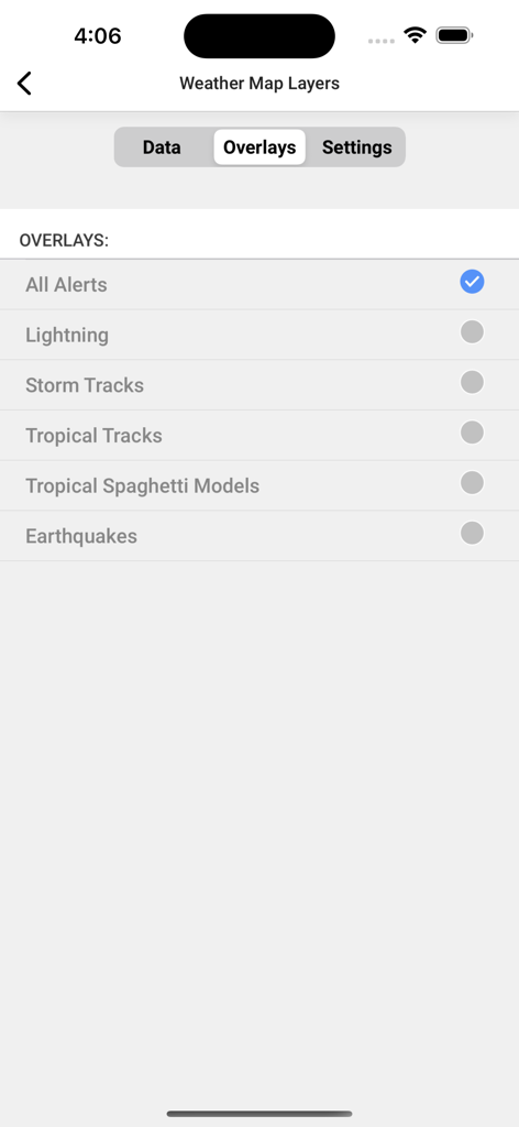 The map overlays selection screen in the KSAT 12 Weather Authority app showing options for alerts lightning and storm tracks