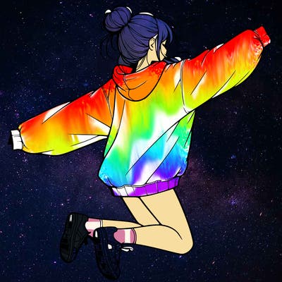 realistic girl jumping with a bun and oversized sweatshirt