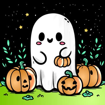 cute ghost with pumpkins