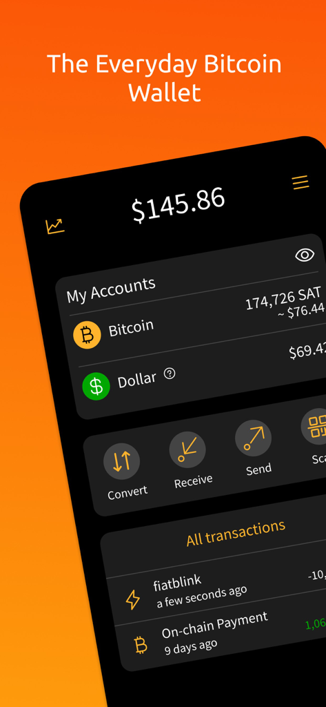 Blink (Bitcoin Wallet) - Dashboard of the Blink Bitcoin Wallet app showing Bitcoin and Dollar account balances with transaction history