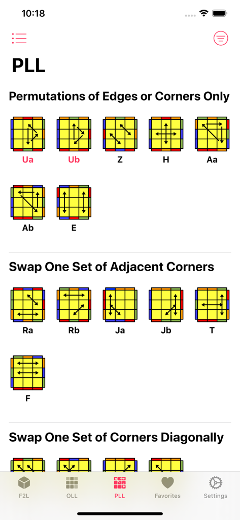 Cube CFOP app interface showing a grid of PLL algorithm cases for speedcubing training