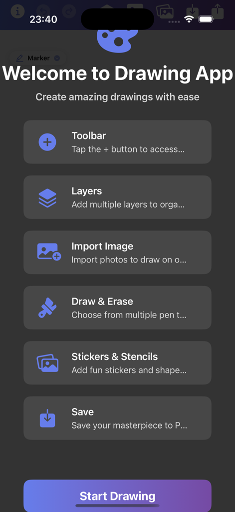 DrawPad - DrawPad 앱의 환영 화면으로 도구 모음, 레이어, 스티커를 포함한 기능 목록 표시