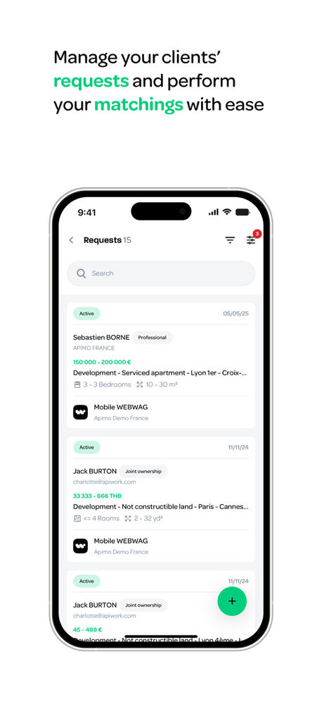 Apimo - The Apimo app interface displaying client property requests and intelligent matching.