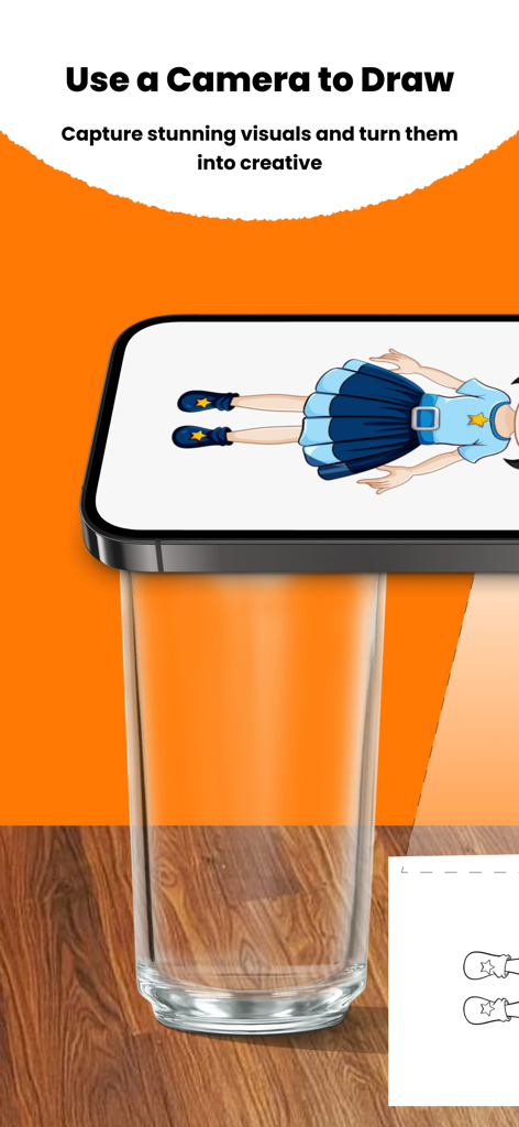 AR Drawing Paint Art - Un smartphone apoyado en un cristal usando la cámara de RA para calcar un dibujo animado sobre papel