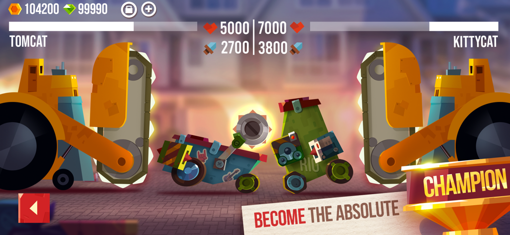 Dos robots de batalla personalizados luchando en una partida de arena PvP dentro de CATS Crash Arena Turbo Stars