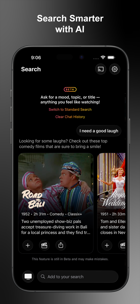 Interface of the Classix app showing an AI search feature recommending classic comedy films like Road to Bali based on a user's request for a good laugh.
