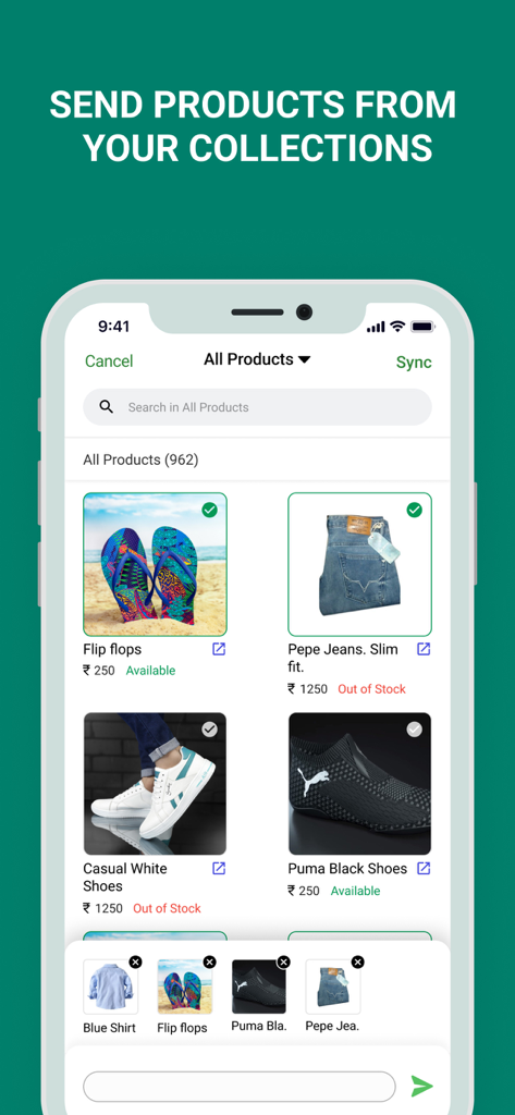A mobile interface for the Interakt app showing a business product catalog with shoes and clothing for quick sharing on WhatsApp.