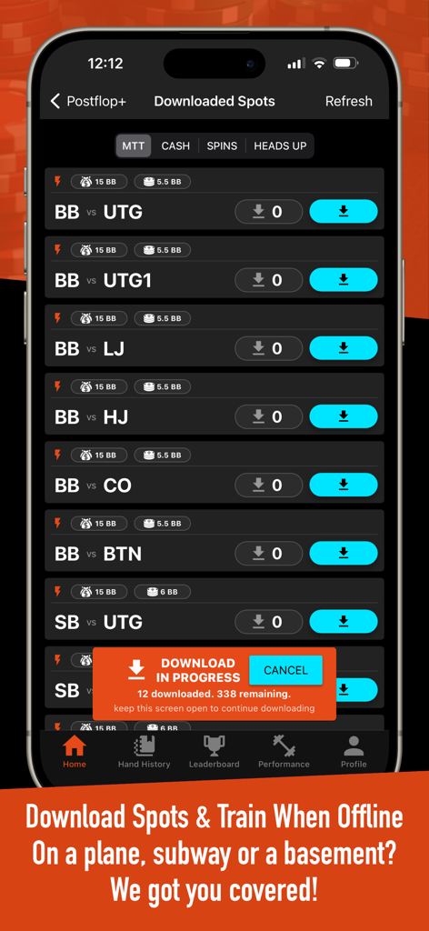 Postflop+ GTO Poker Trainer - Pantalla que muestra situaciones de entrenamiento de póker sin conexión en la aplicación GTO Postflop+.