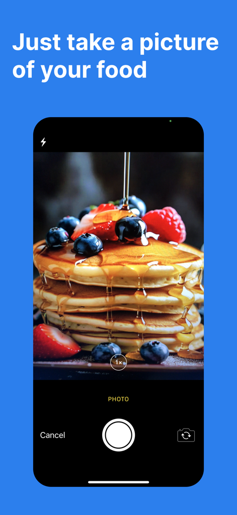 Calorie Tracker - Trax AI - Interfaz de la aplicación rastreadora de calorías Trax AI que muestra a un usuario tomando una foto de panqueques para el reconocimiento instantáneo de alimentos