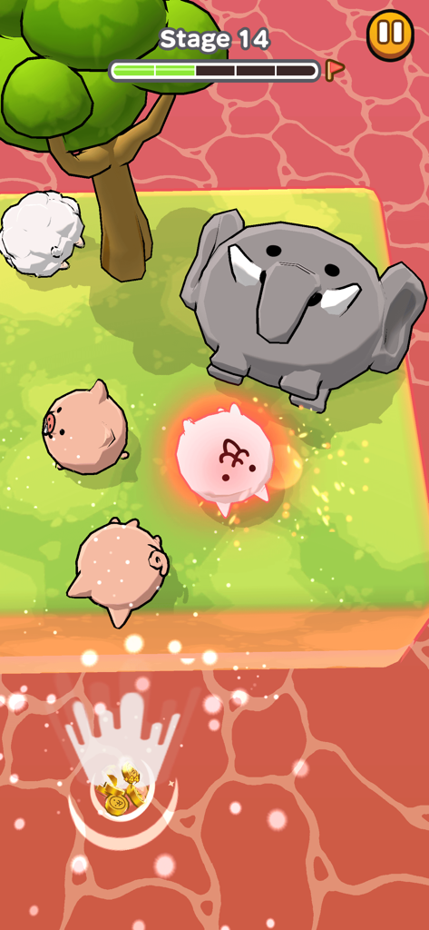 Battle Cats Quest - A pink cat character rolls on a floating island to knock away animal enemies including an elephant and pigs in Battle Cats Quest gameplay.