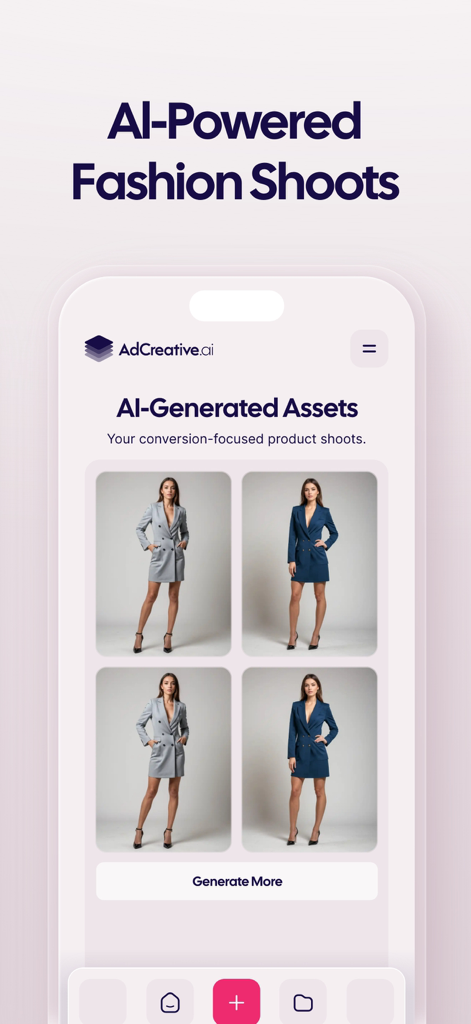 AdCreative.ai Official: AI Ads - AdCreative AI app interface showing four AI generated professional fashion photoshoot images