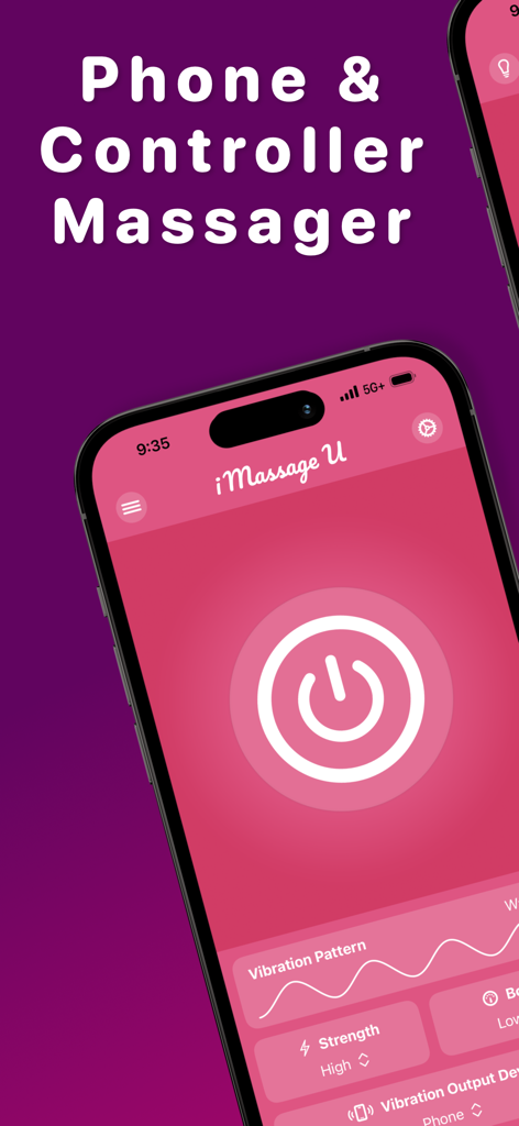 Écran de smartphone montrant l'interface de l'application iMassage U avec les réglages de vibration et le bouton d'alimentation