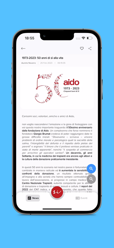 AIDO - A news article within the digitalAIDO mobile app celebrating fifty years of organ donation advocacy in Italy