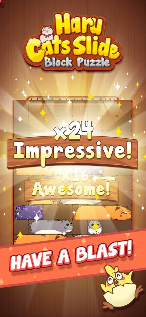 Gameplay screen of Haru Cats showing cute cat blocks and combo score messages.