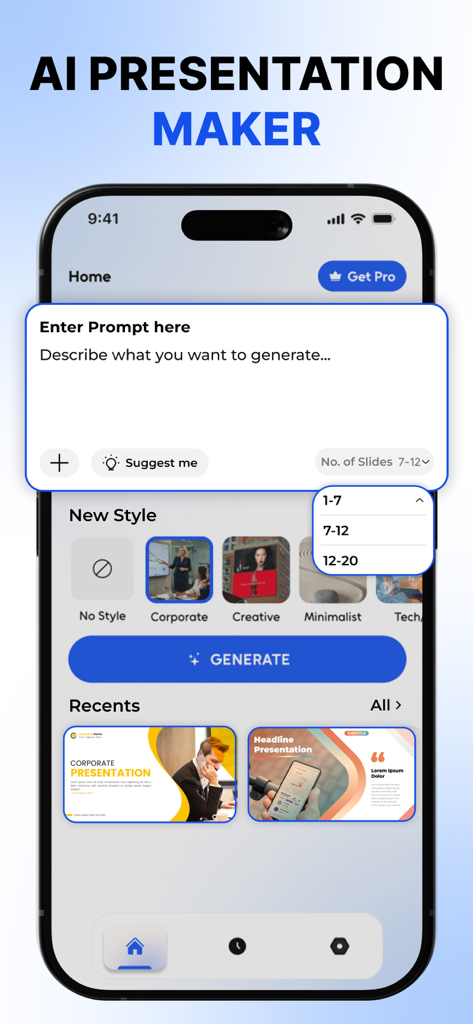 AI PPT Maker : Gamma AI App - Mobile interface of AI PPT Maker app showing prompt input and presentation style selection options