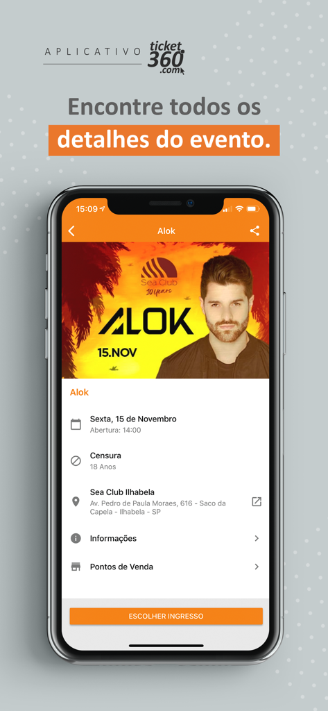 Ticket360 - Ticket360 app displaying concert details for DJ Alok at Sea Club Ilhabela