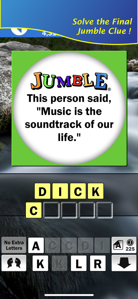 Giant Jumble Crosswords - A screen from the Giant Jumble Crosswords mobile app showing a final jumble clue puzzle with a quote about music.
